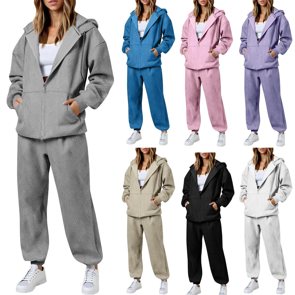 Hot Casual Women Two Piece Set Trendy Herringbone Texture Zipper Hoodie Popular Long Sleeve Wide Leg Pants Comfy Lounge Outfit