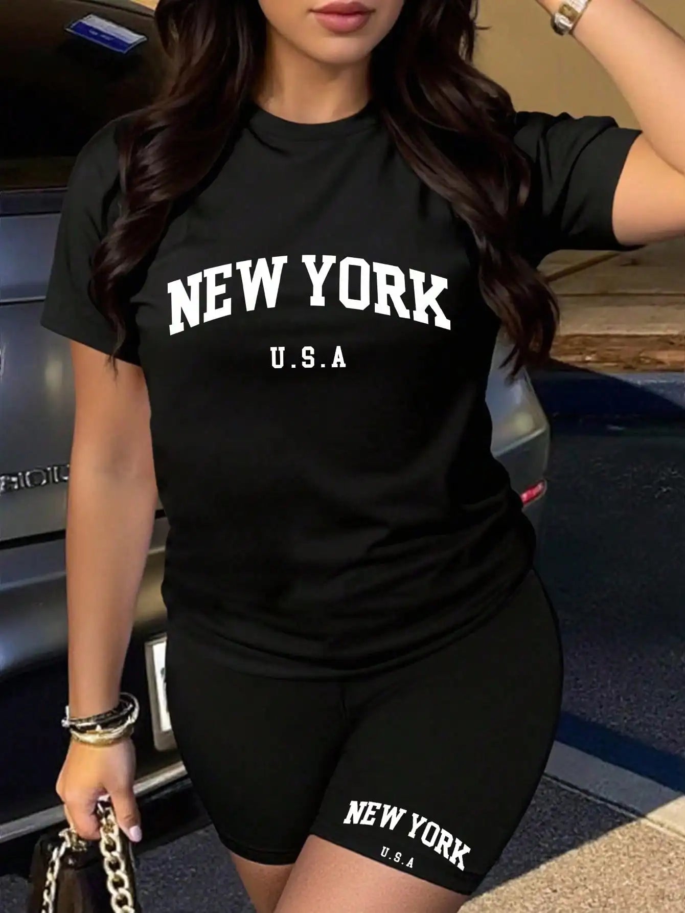 Women's New York USA Graphic T-Shirt & Shorts Matching Set, Casual Summer Outfit