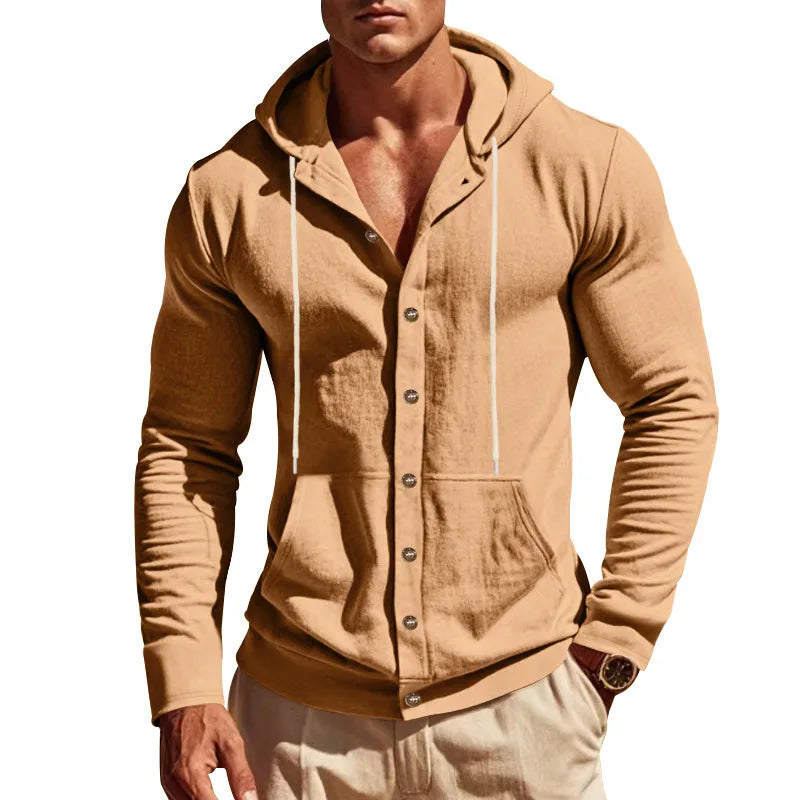 2026 Cross-border spring and autumn new American loose men's shirt loose linen casual simple beach hooded long-sleeved lining