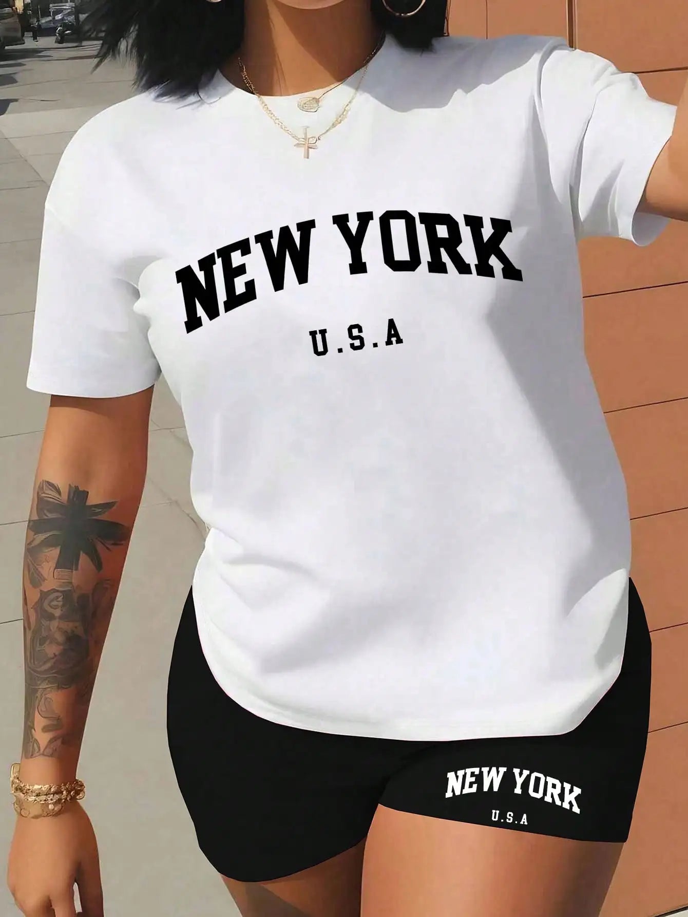 Women's New York USA Graphic T-Shirt & Shorts Matching Set, Casual Summer Outfit