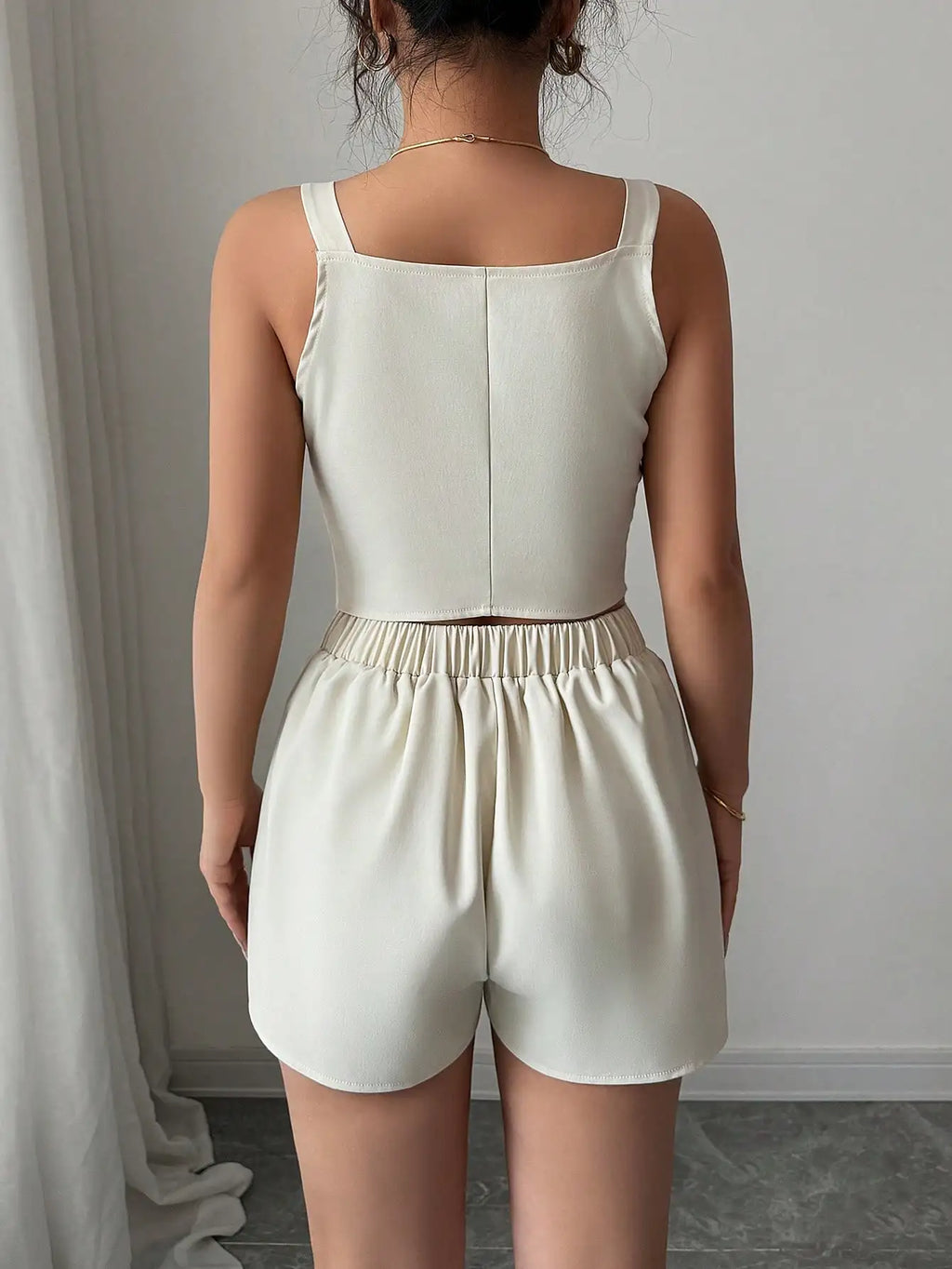 Selianne Apricot Casual & Commute Solid Color Front Button Slit Hem Top + Shorts 2 Pieces Set For Women