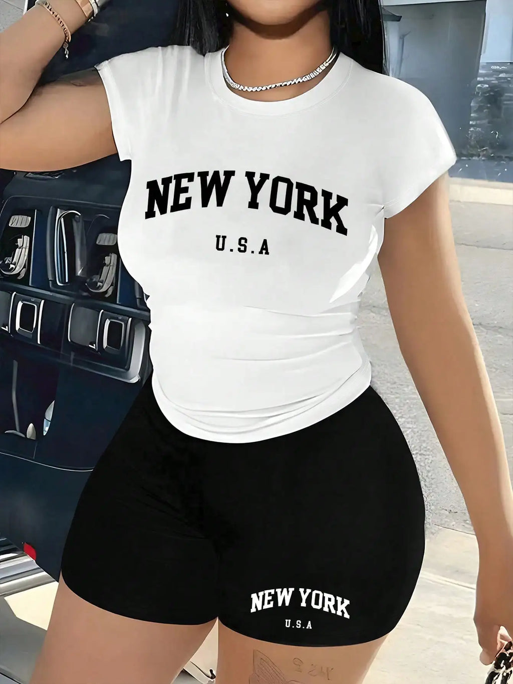 Women's New York USA Graphic T-Shirt & Shorts Matching Set, Casual Summer Outfit