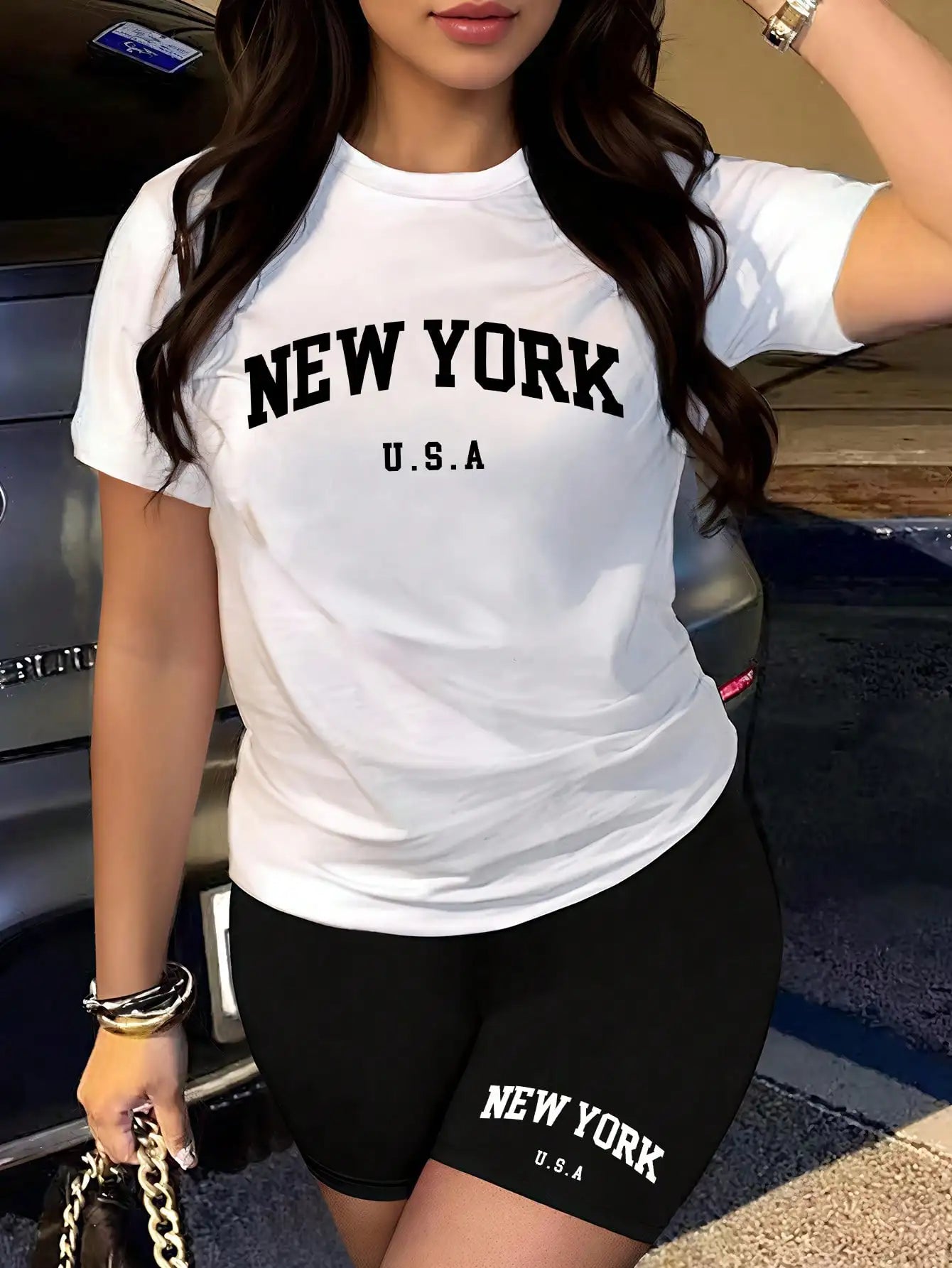Women's New York USA Graphic T-Shirt & Shorts Matching Set, Casual Summer Outfit