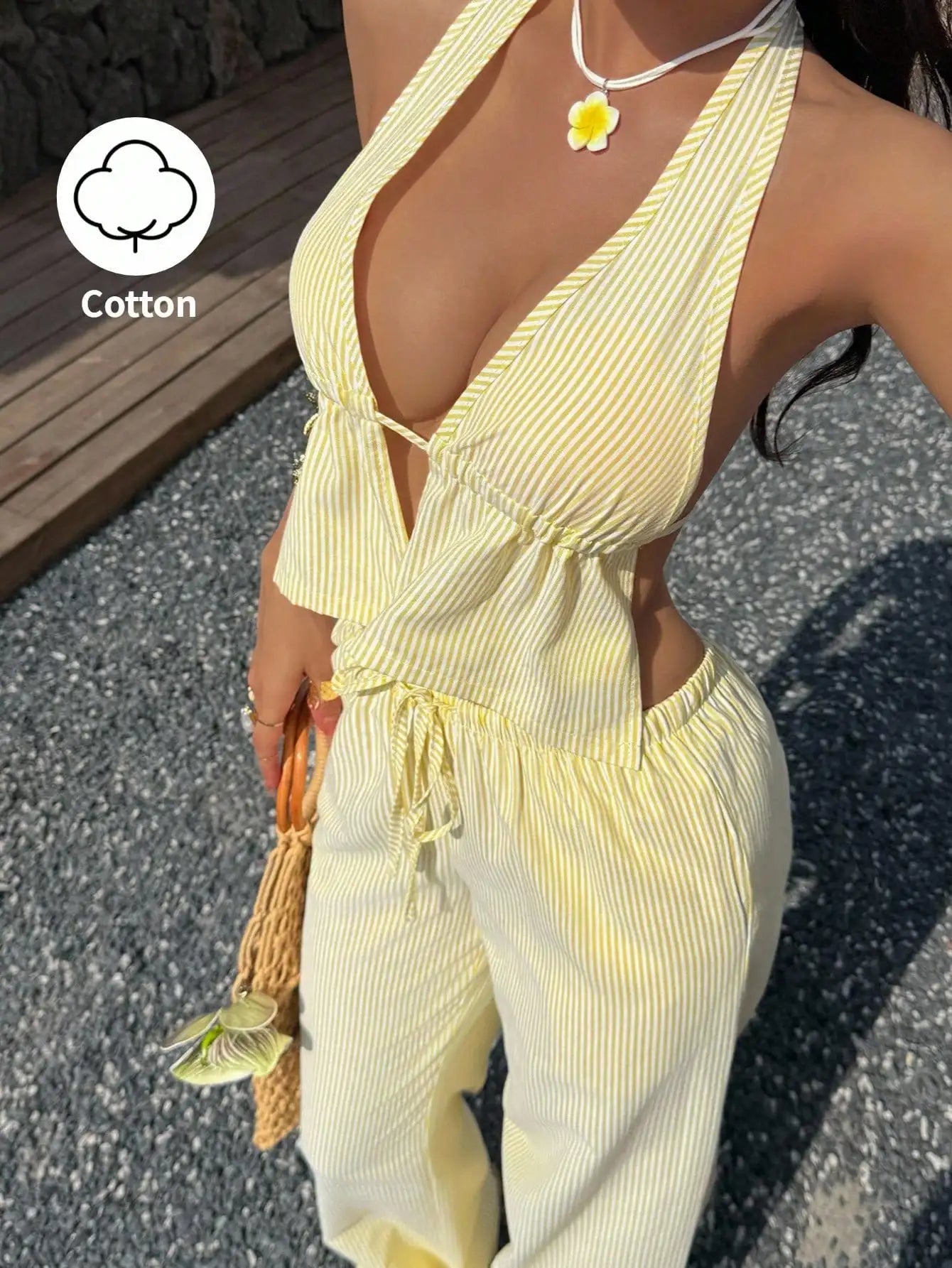 Set Blue And White Striped Cotton Deep V-Neck Backless Halter Top And High Waist Drawstring Loose Straight Wide Leg Pants, Fashi