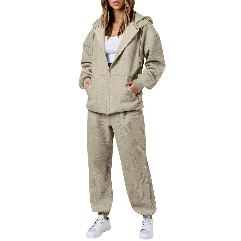Hot Casual Women Two Piece Set Trendy Herringbone Texture Zipper Hoodie Popular Long Sleeve Wide Leg Pants Comfy Lounge Outfit
