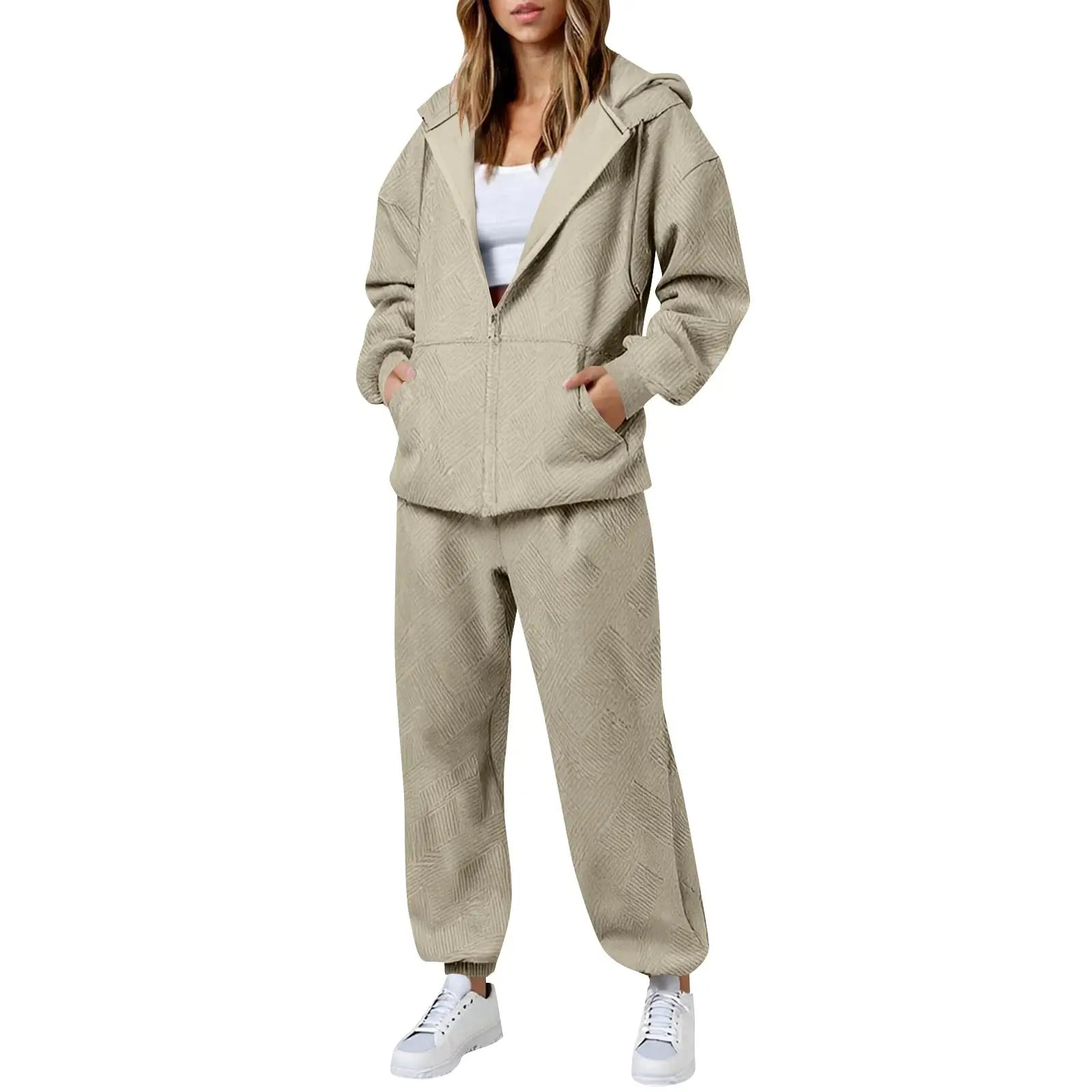 Hot Casual Women Two Piece Set Trendy Herringbone Texture Zipper Hoodie Popular Long Sleeve Wide Leg Pants Comfy Lounge Outfit