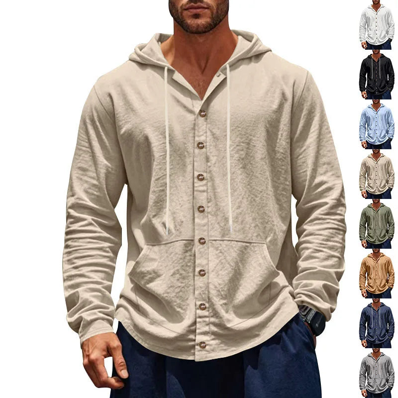 2026 Cross-border spring and autumn new American loose men's shirt loose linen casual simple beach hooded long-sleeved lining