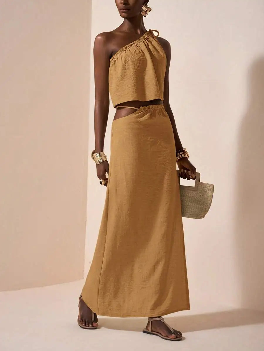 One-Shoulder Linen Two-Piece Set with Asymmetrical Waist, Beige Summer Outfit for Casual & Vacation