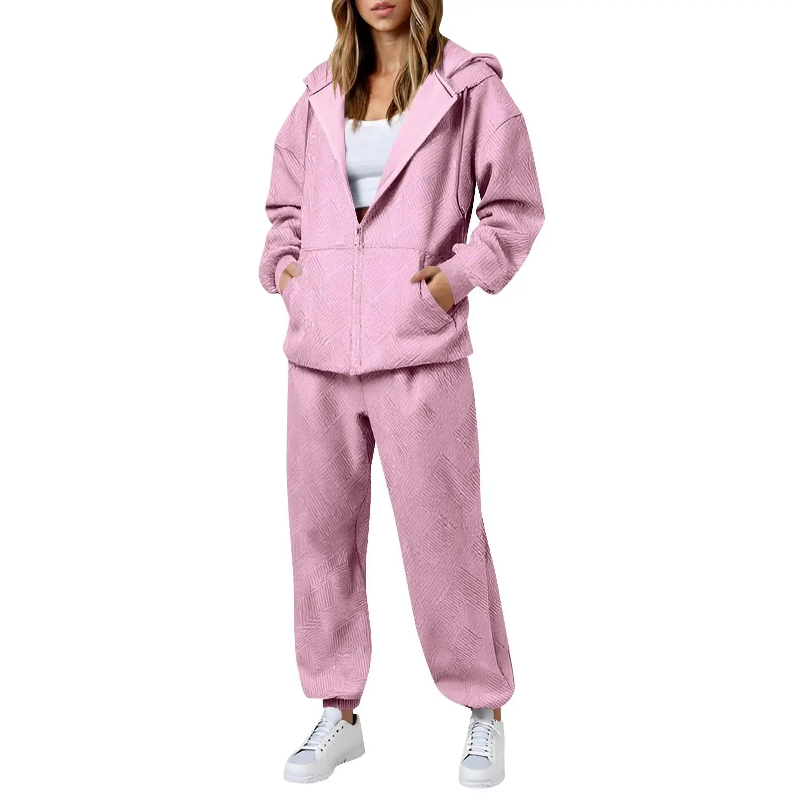 Hot Casual Women Two Piece Set Trendy Herringbone Texture Zipper Hoodie Popular Long Sleeve Wide Leg Pants Comfy Lounge Outfit