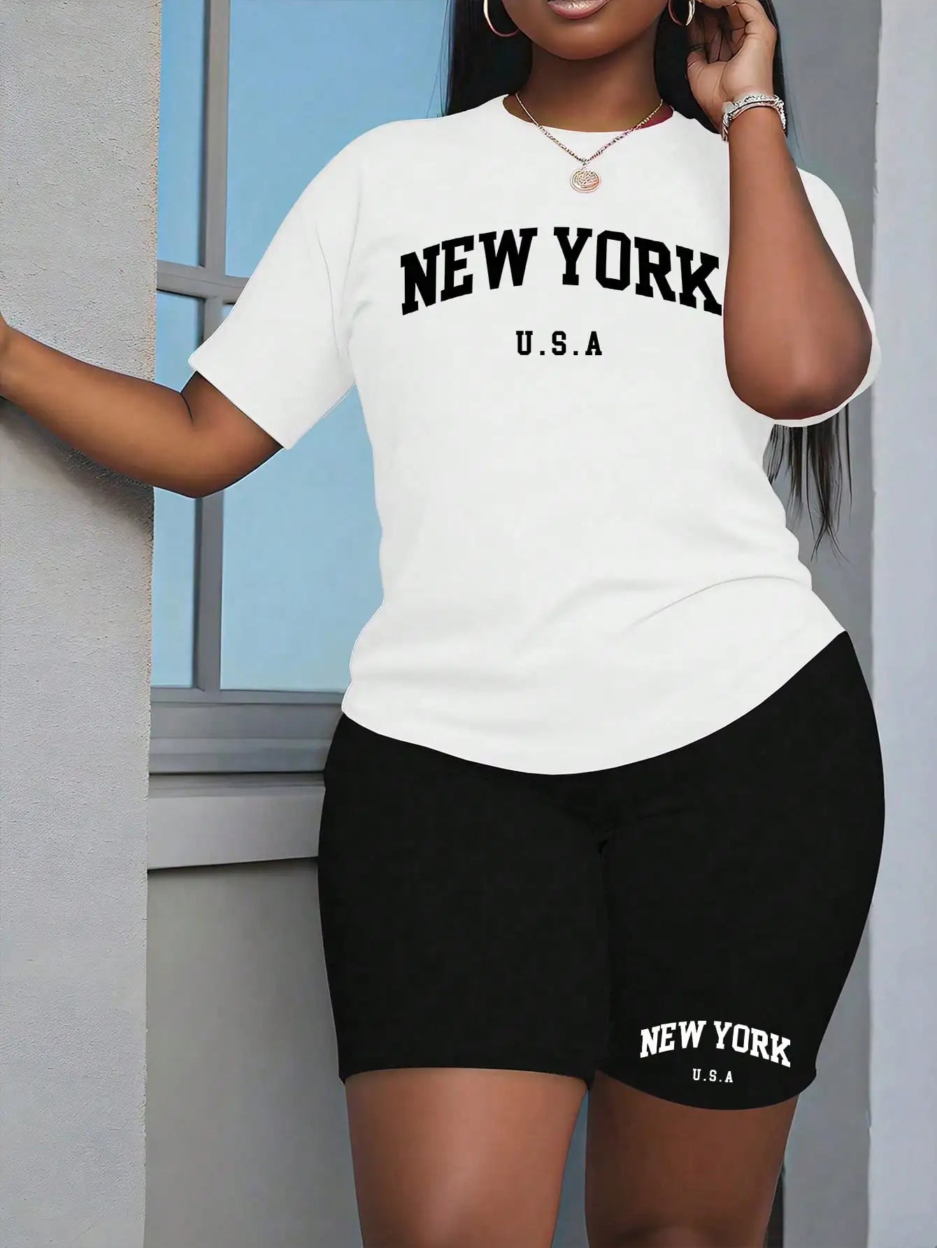 Women's New York USA Graphic T-Shirt & Shorts Matching Set, Casual Summer Outfit