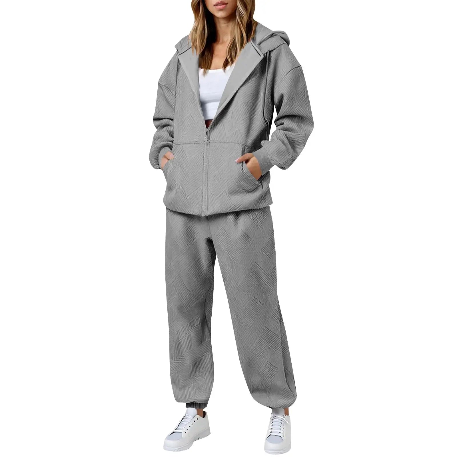 Hot Casual Women Two Piece Set Trendy Herringbone Texture Zipper Hoodie Popular Long Sleeve Wide Leg Pants Comfy Lounge Outfit