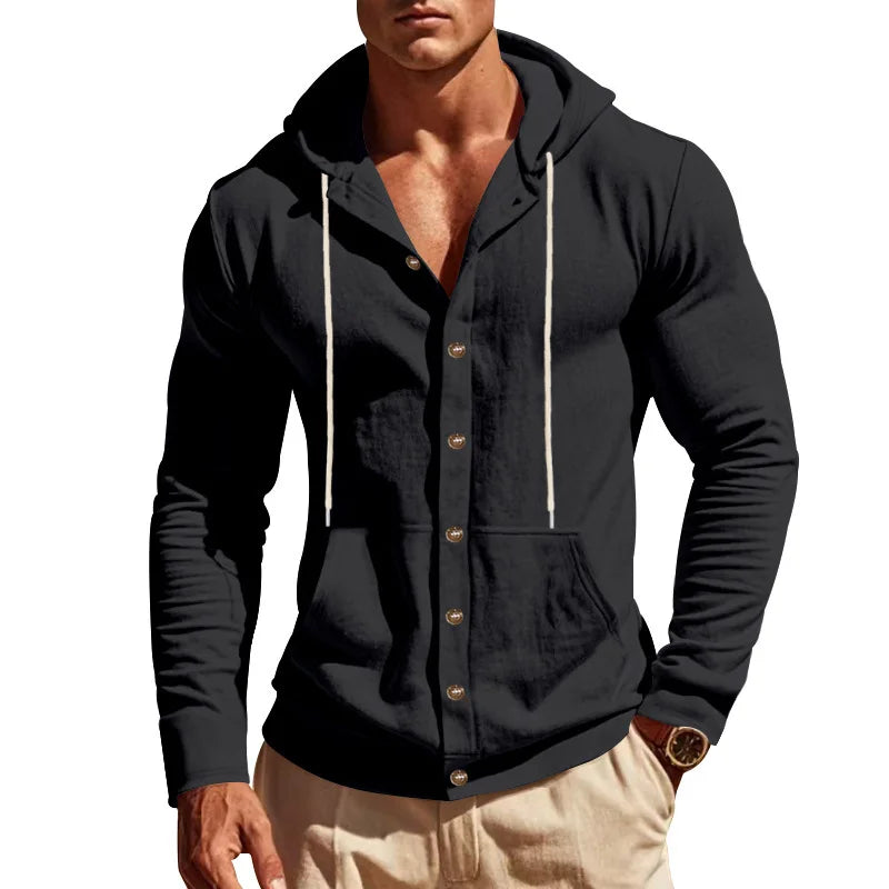 2026 Cross-border spring and autumn new American loose men's shirt loose linen casual simple beach hooded long-sleeved lining