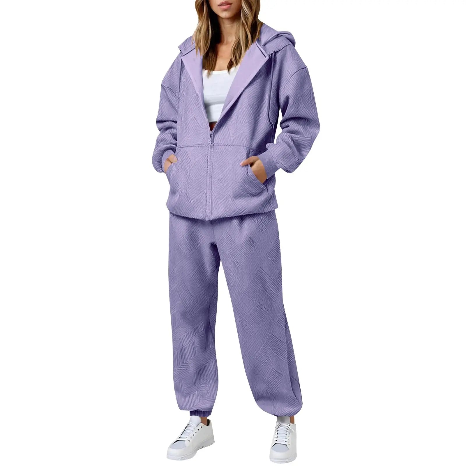 Hot Casual Women Two Piece Set Trendy Herringbone Texture Zipper Hoodie Popular Long Sleeve Wide Leg Pants Comfy Lounge Outfit