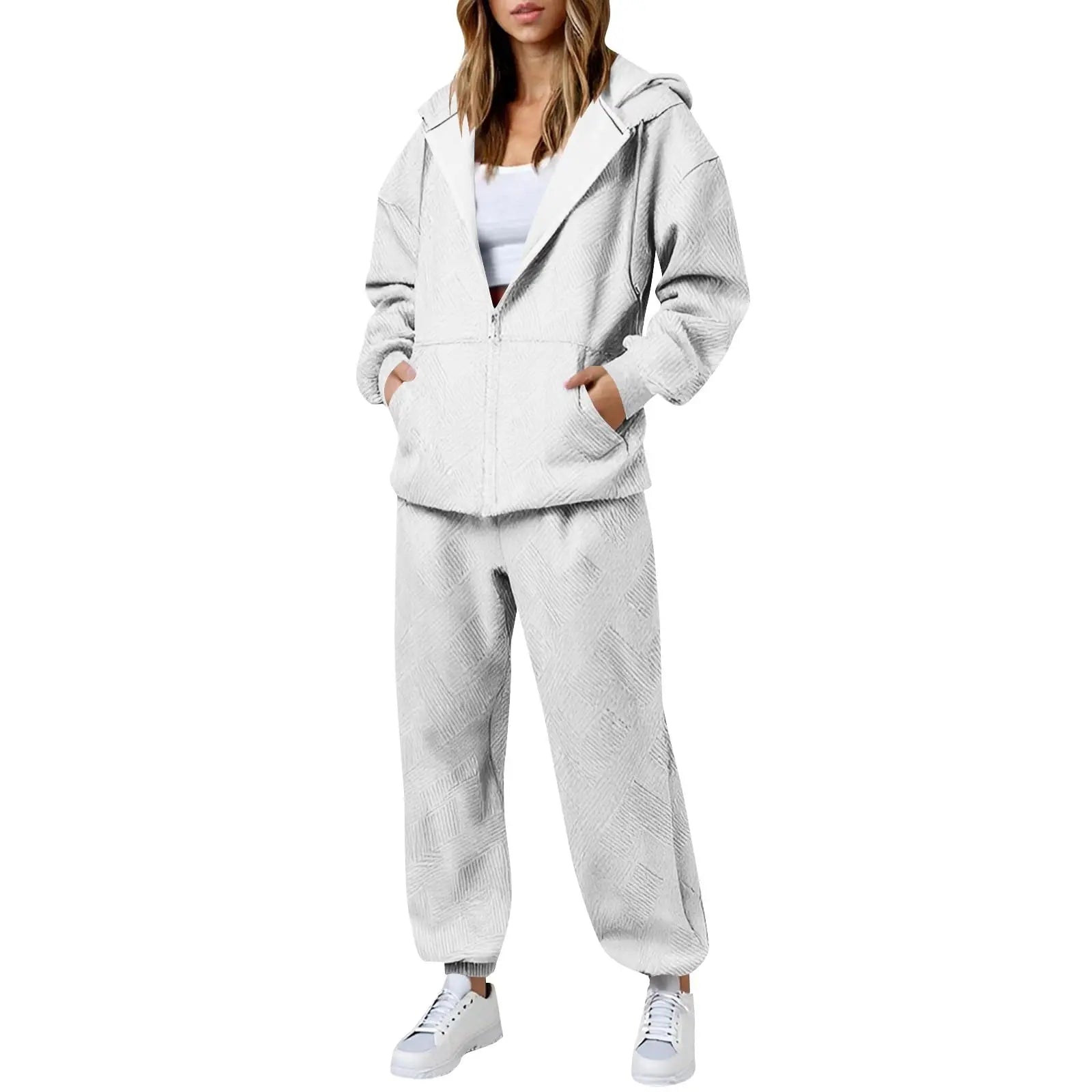 Hot Casual Women Two Piece Set Trendy Herringbone Texture Zipper Hoodie Popular Long Sleeve Wide Leg Pants Comfy Lounge Outfit