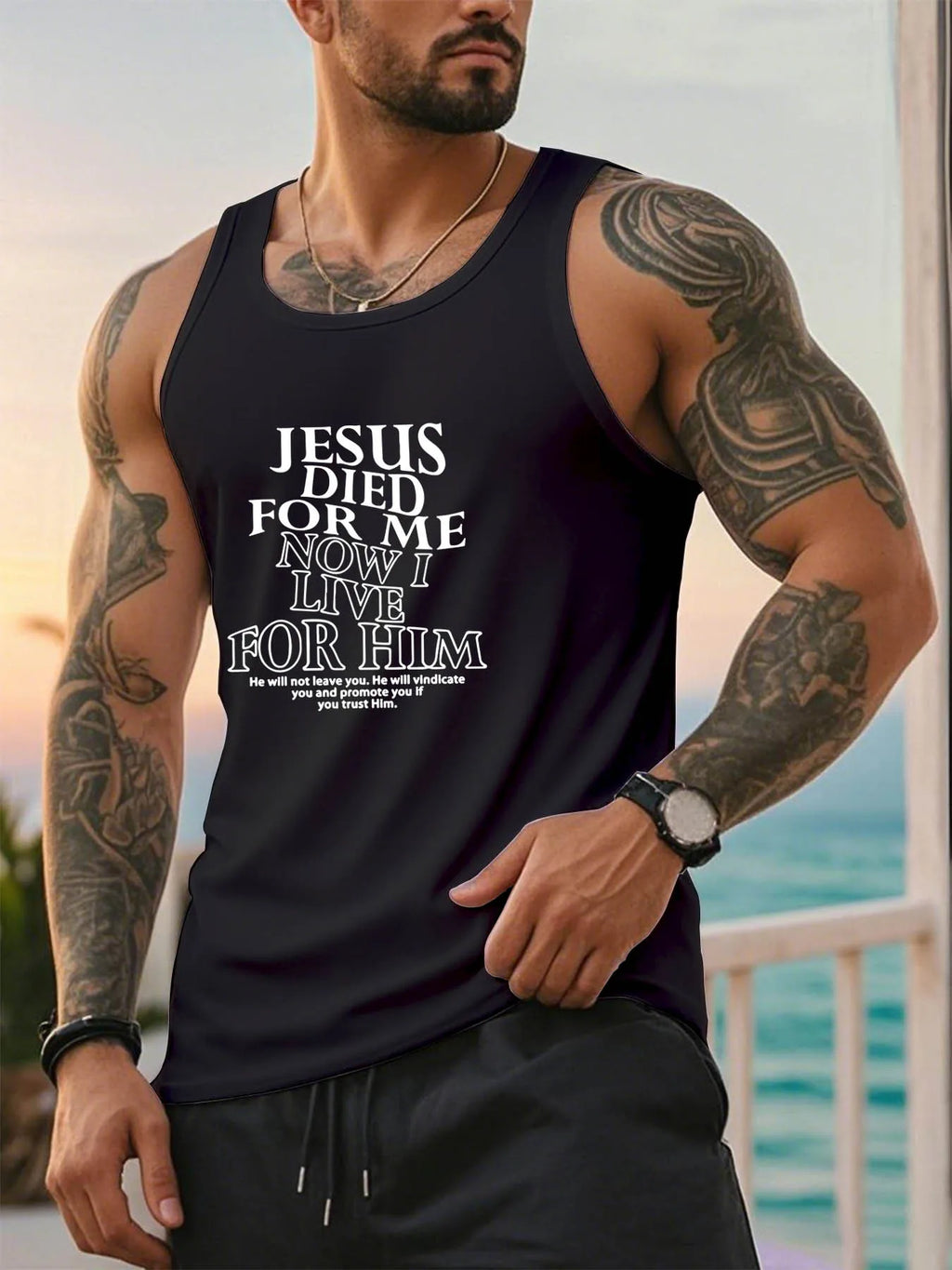 Men's sleeveless vest -A fitted Christian-themed shirt with the words "Jesus died for me, and now I live for him" printed on it.