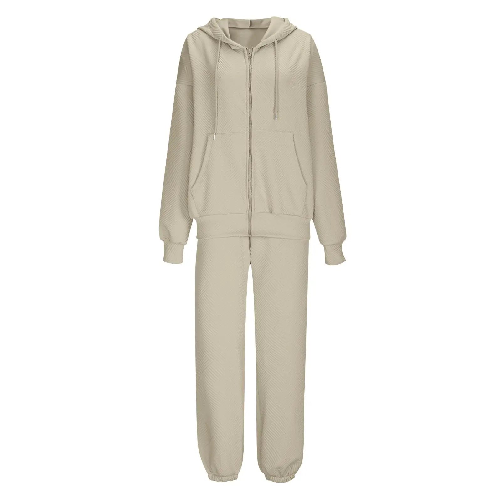 Hot Casual Women Two Piece Set Trendy Herringbone Texture Zipper Hoodie Popular Long Sleeve Wide Leg Pants Comfy Lounge Outfit