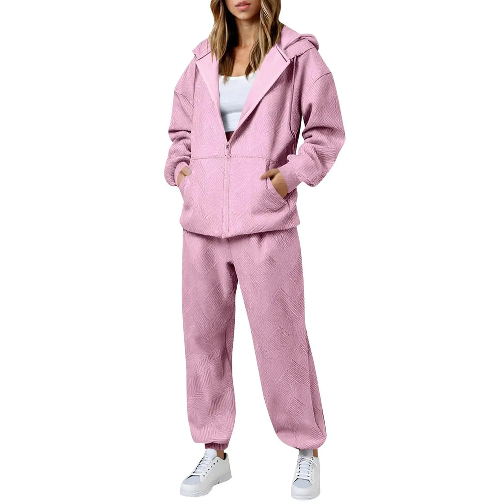 Hot Casual Women Two Piece Set Trendy Herringbone Texture Zipper Hoodie Popular Long Sleeve Wide Leg Pants Comfy Lounge Outfit