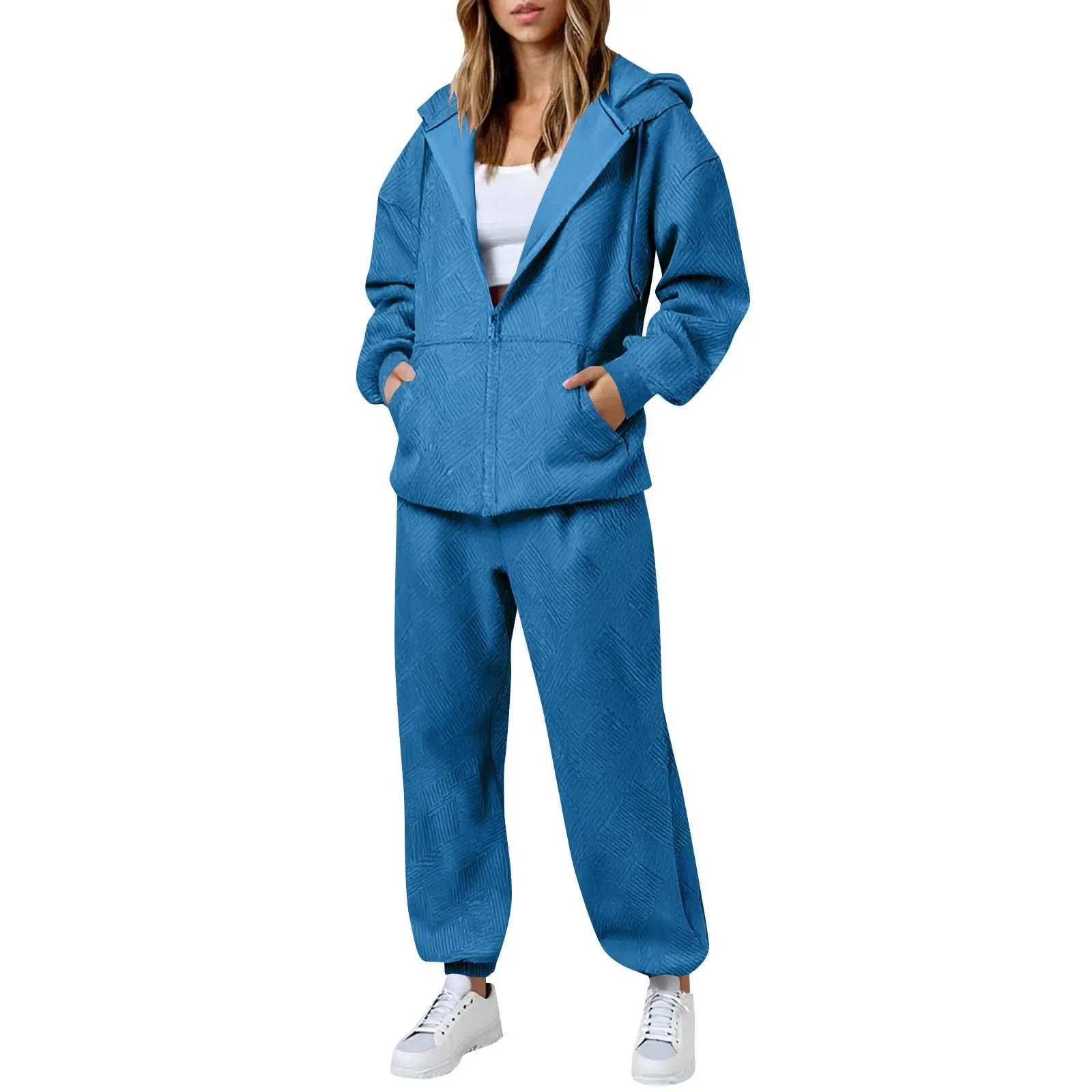 Hot Casual Women Two Piece Set Trendy Herringbone Texture Zipper Hoodie Popular Long Sleeve Wide Leg Pants Comfy Lounge Outfit