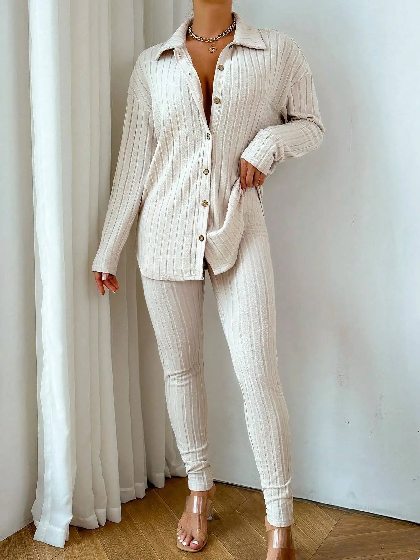 Cream Ribbed Knit Two-Piece Set with Button-Up Shirt and Leggings, Casual Spring Fall Outfit