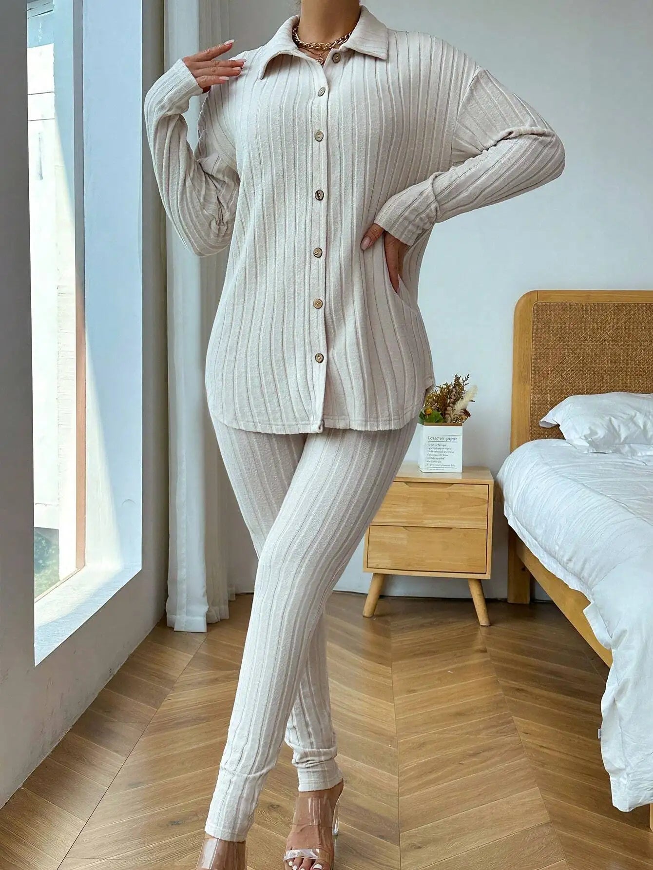 Cream Ribbed Knit Two-Piece Set with Button-Up Shirt and Leggings, Casual Spring Fall Outfit