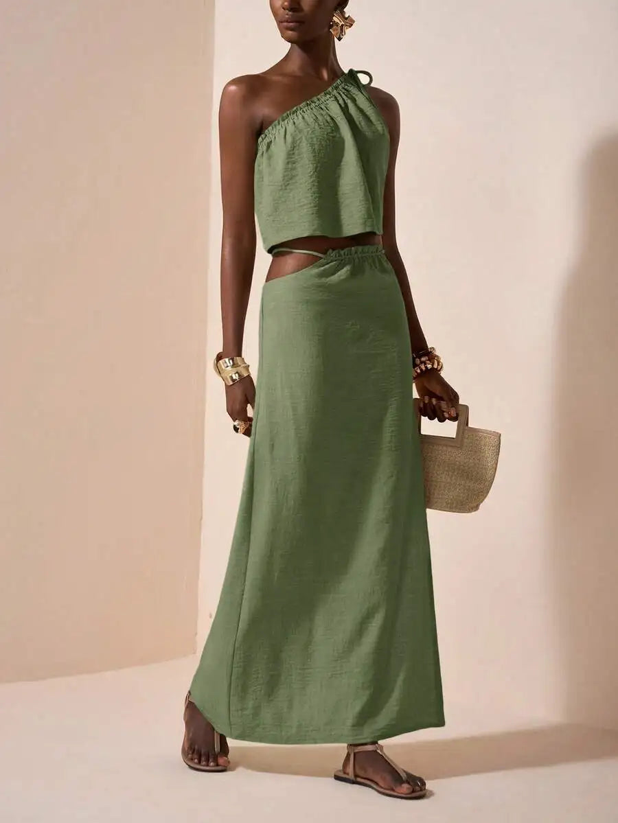 One-Shoulder Linen Two-Piece Set with Asymmetrical Waist, Beige Summer Outfit for Casual & Vacation