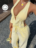 Set Blue And White Striped Cotton Deep V-Neck Backless Halter Top And High Waist Drawstring Loose Straight Wide Leg Pants, Fashi