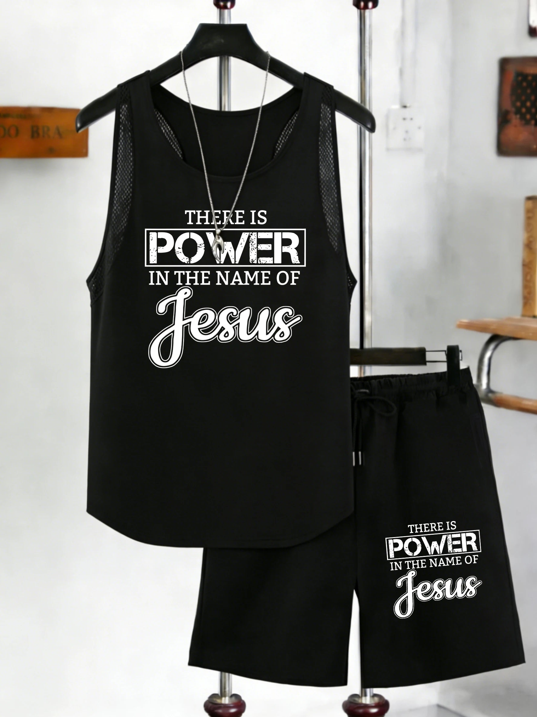 Power In The Name Of Jeasus Print Vest Suits Man Slim Sleeveless Mesh Tank Tops Casual Wide-Leg Shorts Drawstring Summer Pants