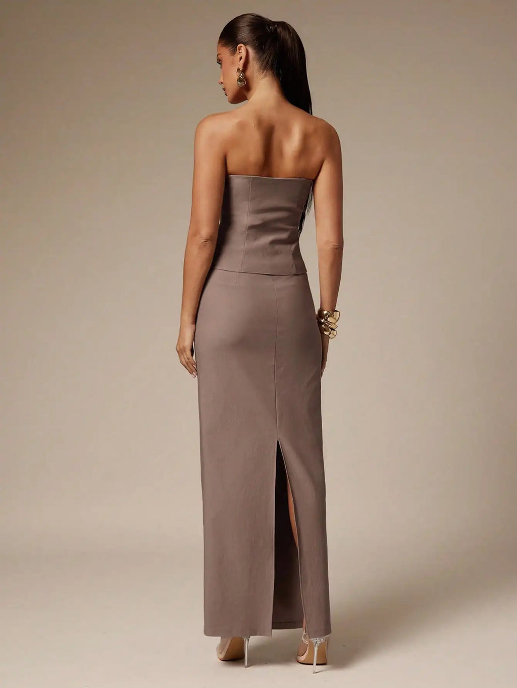 Women's Minimalist Tube Top & Long Skirt 2-Piece Set, Khaki, Elegant Office Wear for Dating or Commuting