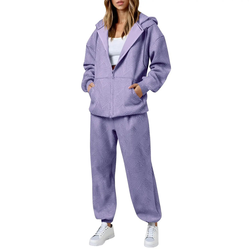 Hot Casual Women Two Piece Set Trendy Herringbone Texture Zipper Hoodie Popular Long Sleeve Wide Leg Pants Comfy Lounge Outfit