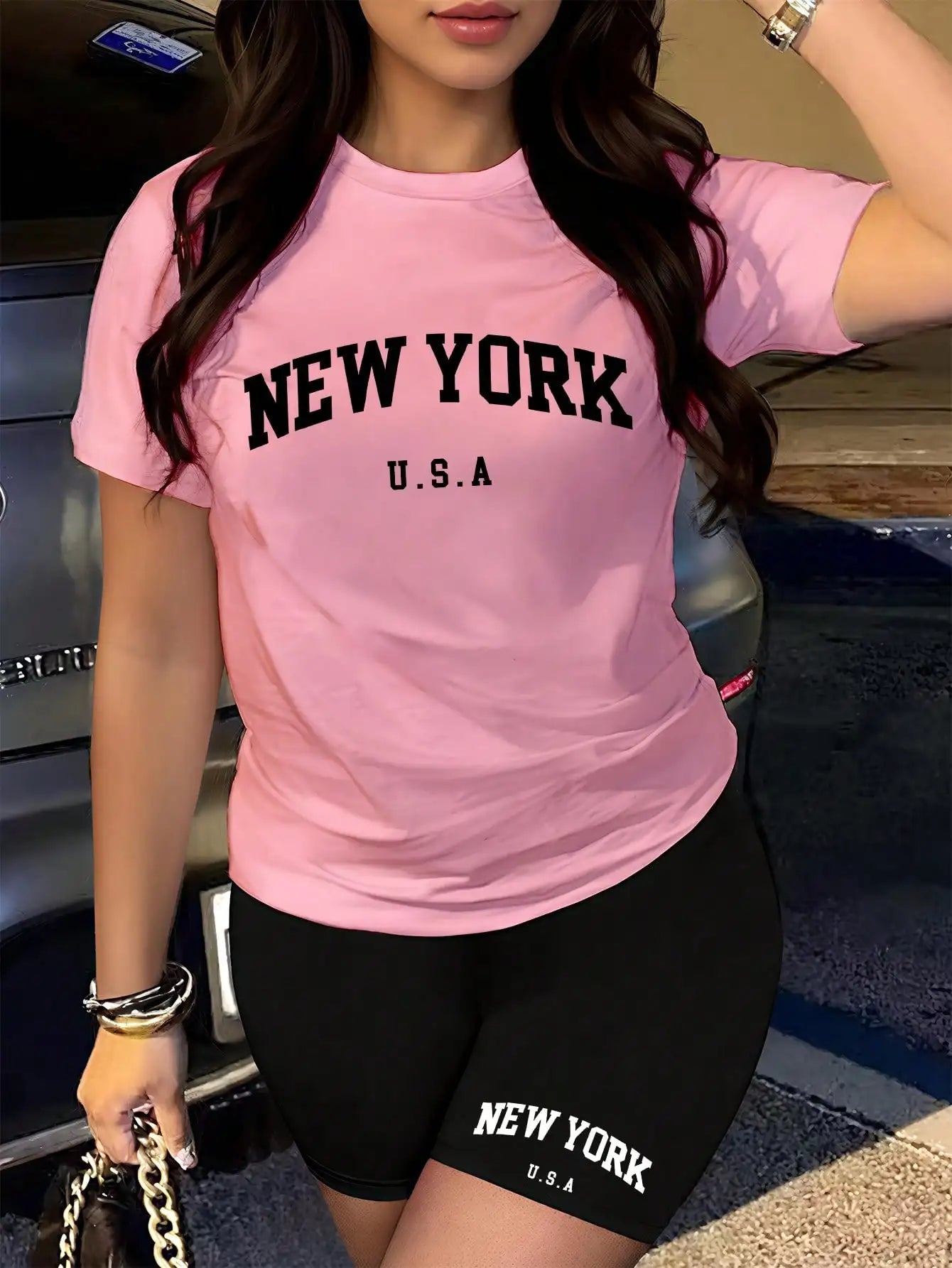 Women's New York USA Graphic T-Shirt & Shorts Matching Set, Casual Summer Outfit