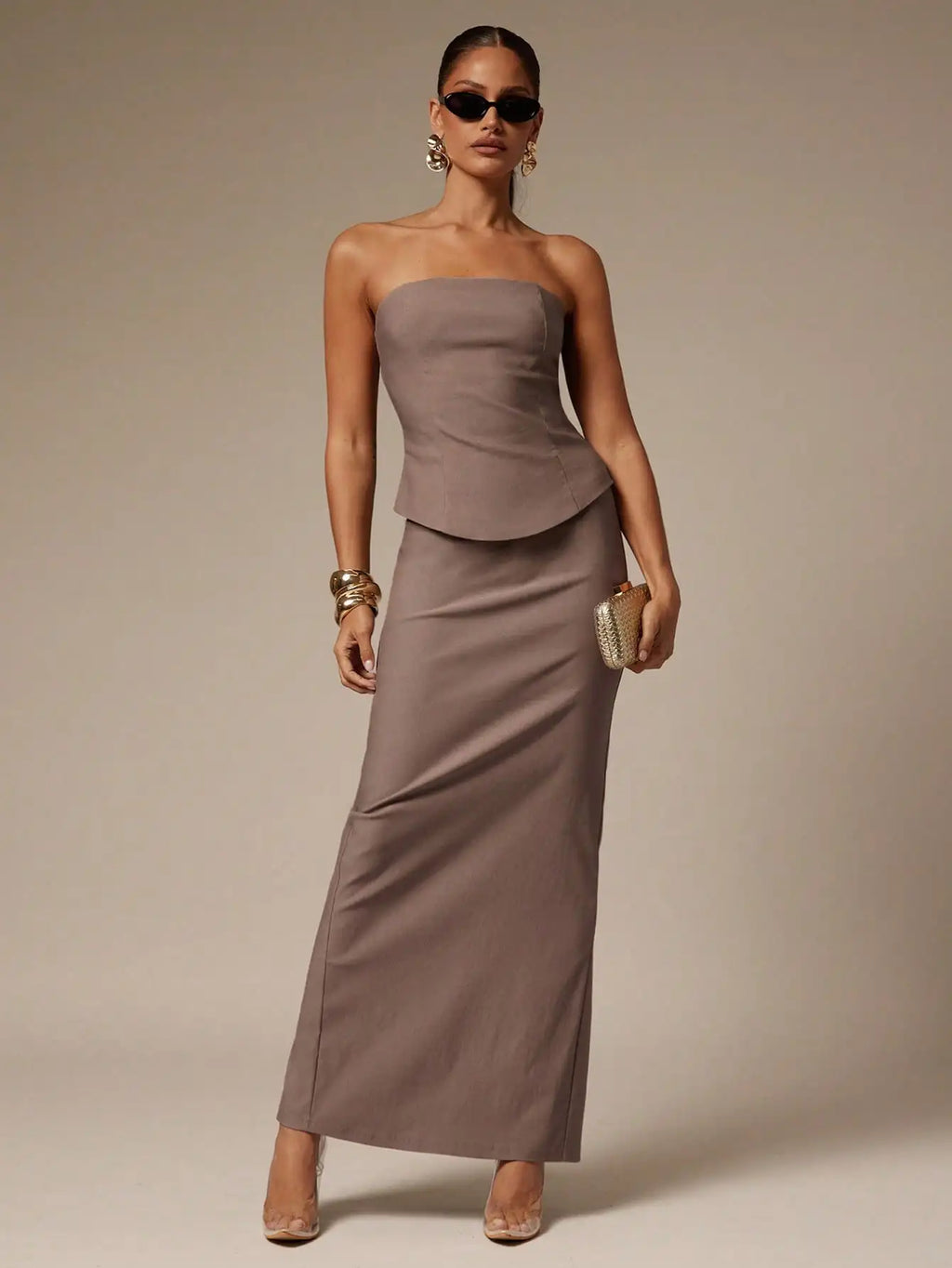 Women's Minimalist Tube Top & Long Skirt 2-Piece Set, Khaki, Elegant Office Wear for Dating or Commuting