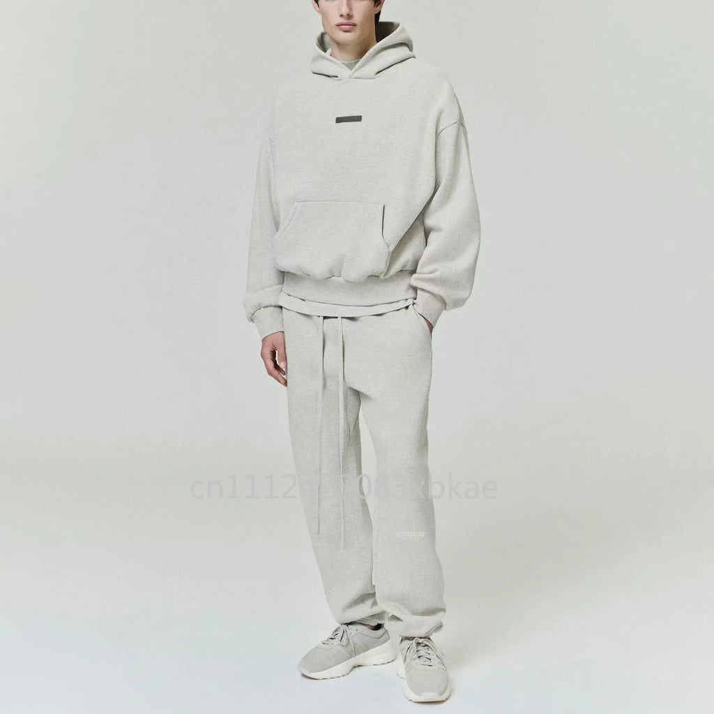SS25 Double Line Vintage Hoodies Sets Men's Metallic Texture Letter Logo Pants Sets Luxury Design Men's Oversized Street Sets