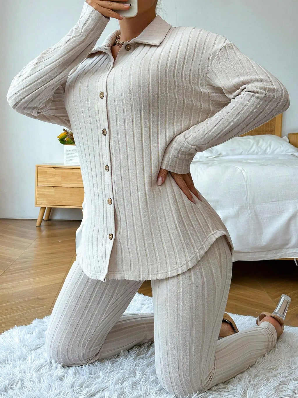 Cream Ribbed Knit Two-Piece Set with Button-Up Shirt and Leggings, Casual Spring Fall Outfit