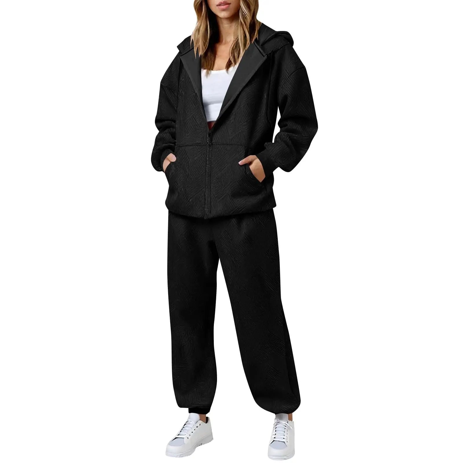 Hot Casual Women Two Piece Set Trendy Herringbone Texture Zipper Hoodie Popular Long Sleeve Wide Leg Pants Comfy Lounge Outfit