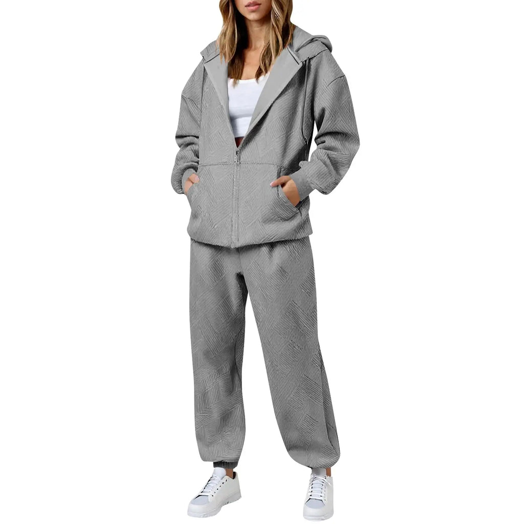 Hot Casual Women Two Piece Set Trendy Herringbone Texture Zipper Hoodie Popular Long Sleeve Wide Leg Pants Comfy Lounge Outfit