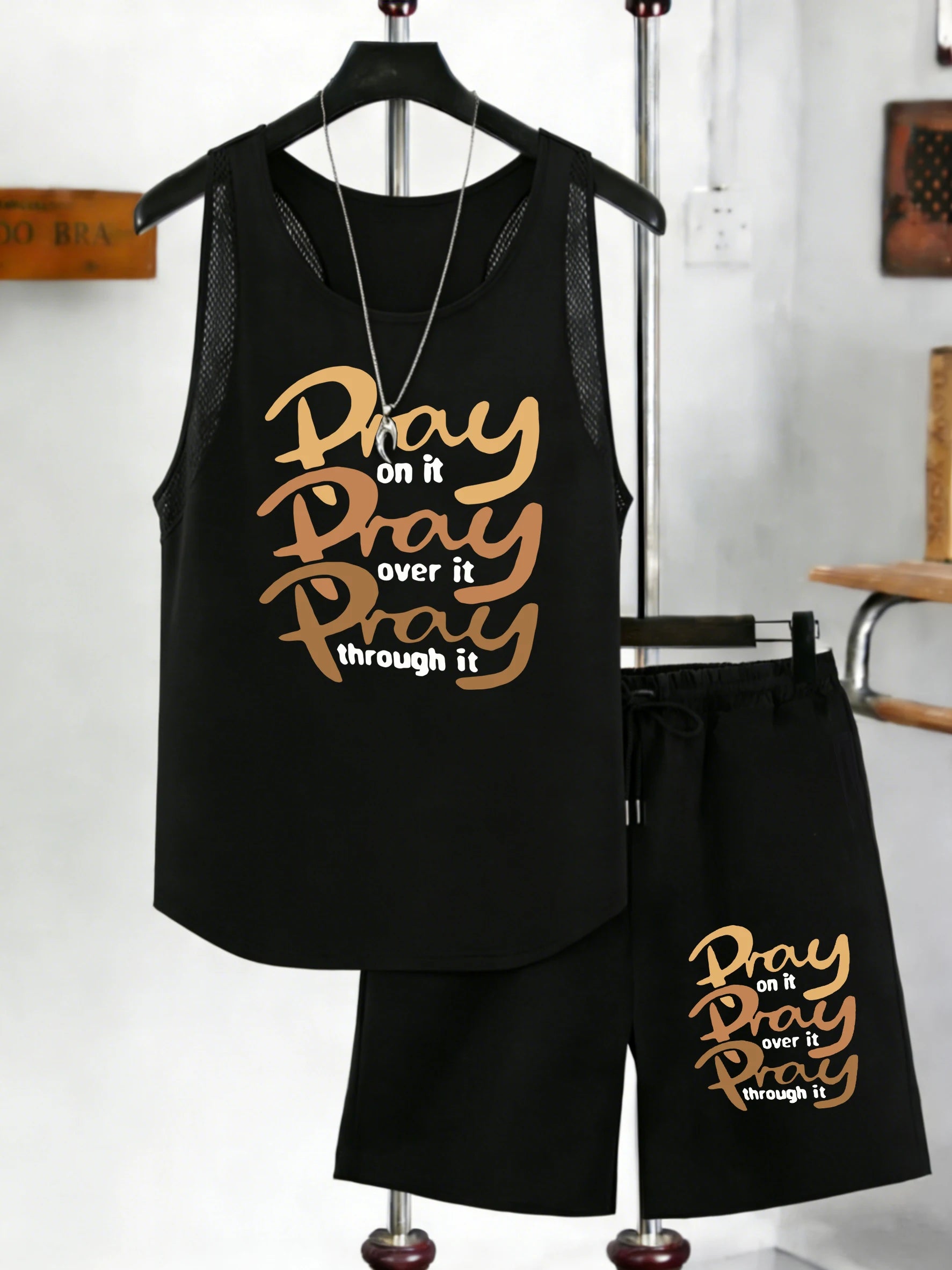 Pray On It Over Through It Men Mesh Tank Tops Set Casual Sleeveless Vest Drawstring Summer Pocket Black Pant Wide-Leg Shorts