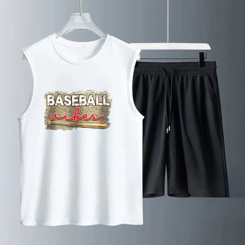 Men's vest suit Summer sleeveless printed Baseball Urban tank  Tops + shorts  men's sets training suit set men Quick drying man