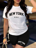 Women's New York USA Graphic T-Shirt & Shorts Matching Set, Casual Summer Outfit