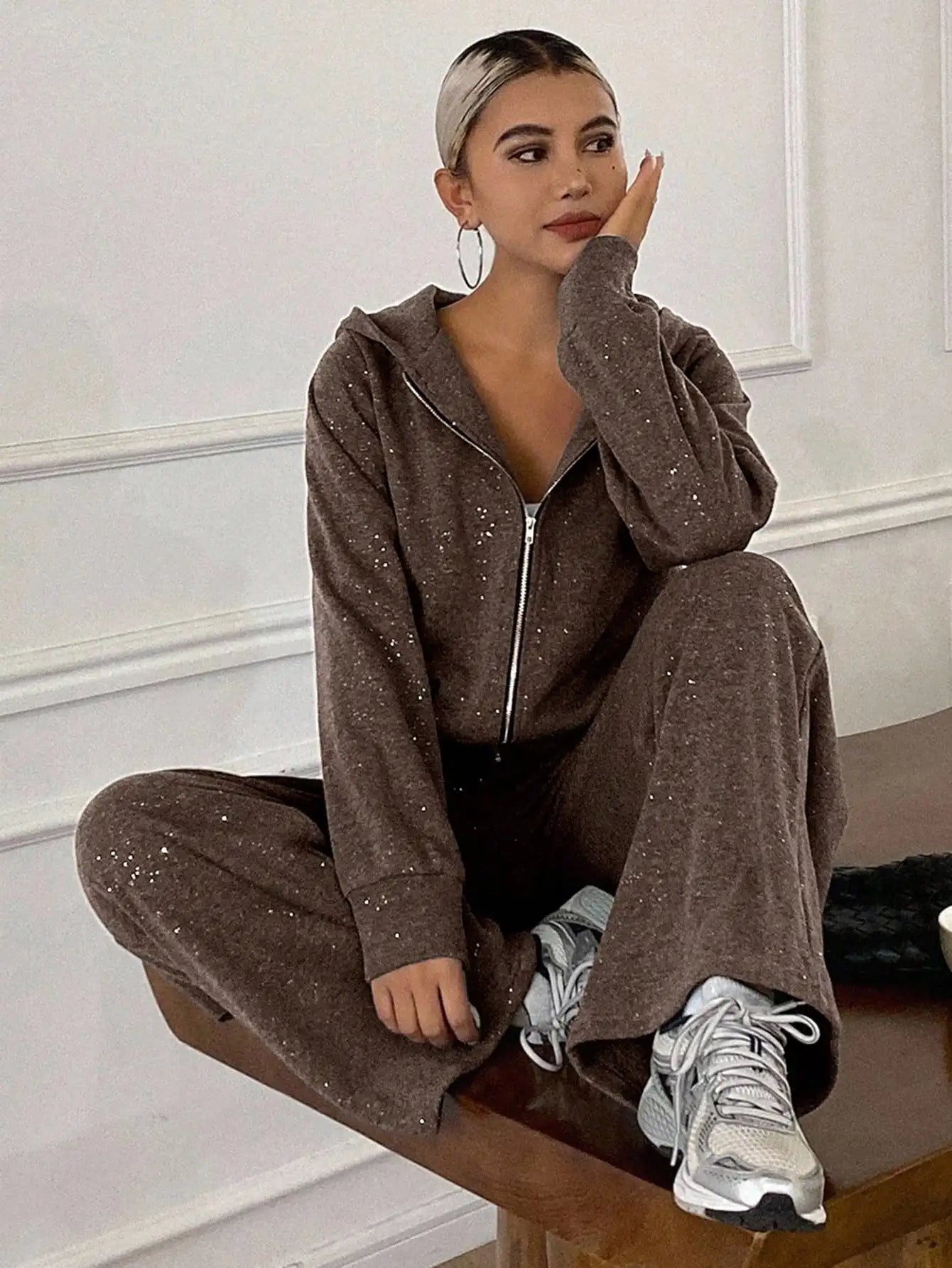 DAZY Women's Casual Hooded Sweatshirt Sweatshirt And Wide Leg Pants 2 Pieces Set, Autumn
