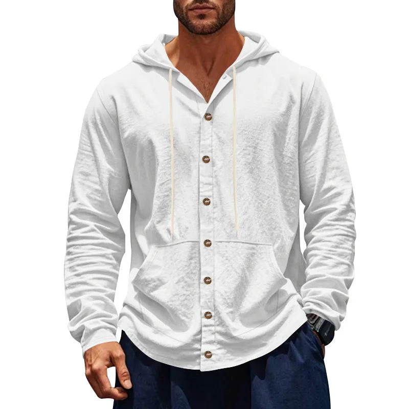 2026 Cross-border spring and autumn new American loose men's shirt loose linen casual simple beach hooded long-sleeved lining