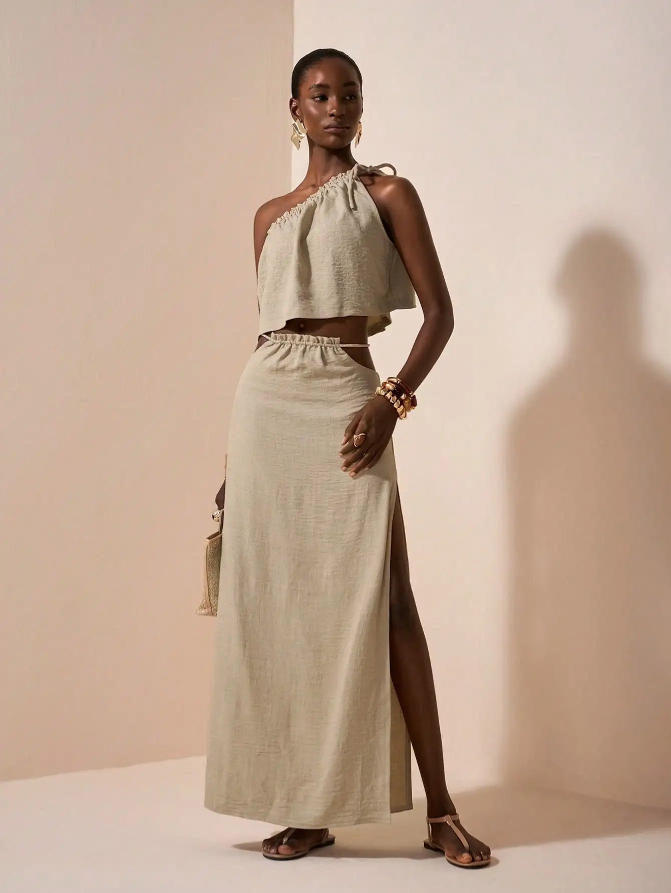 One-Shoulder Linen Two-Piece Set with Asymmetrical Waist, Beige Summer Outfit for Casual & Vacation