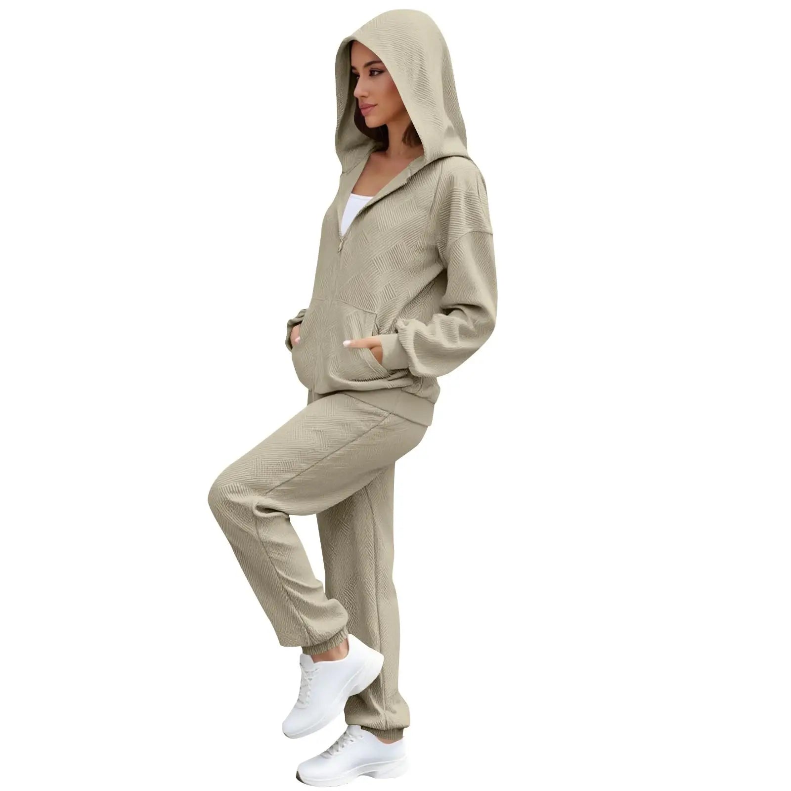 Hot Casual Women Two Piece Set Trendy Herringbone Texture Zipper Hoodie Popular Long Sleeve Wide Leg Pants Comfy Lounge Outfit