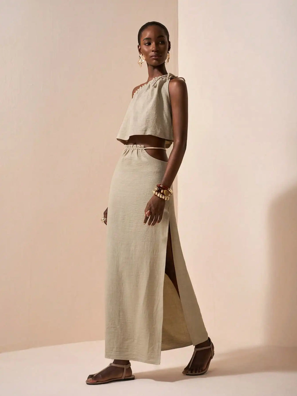 One-Shoulder Linen Two-Piece Set with Asymmetrical Waist, Beige Summer Outfit for Casual & Vacation