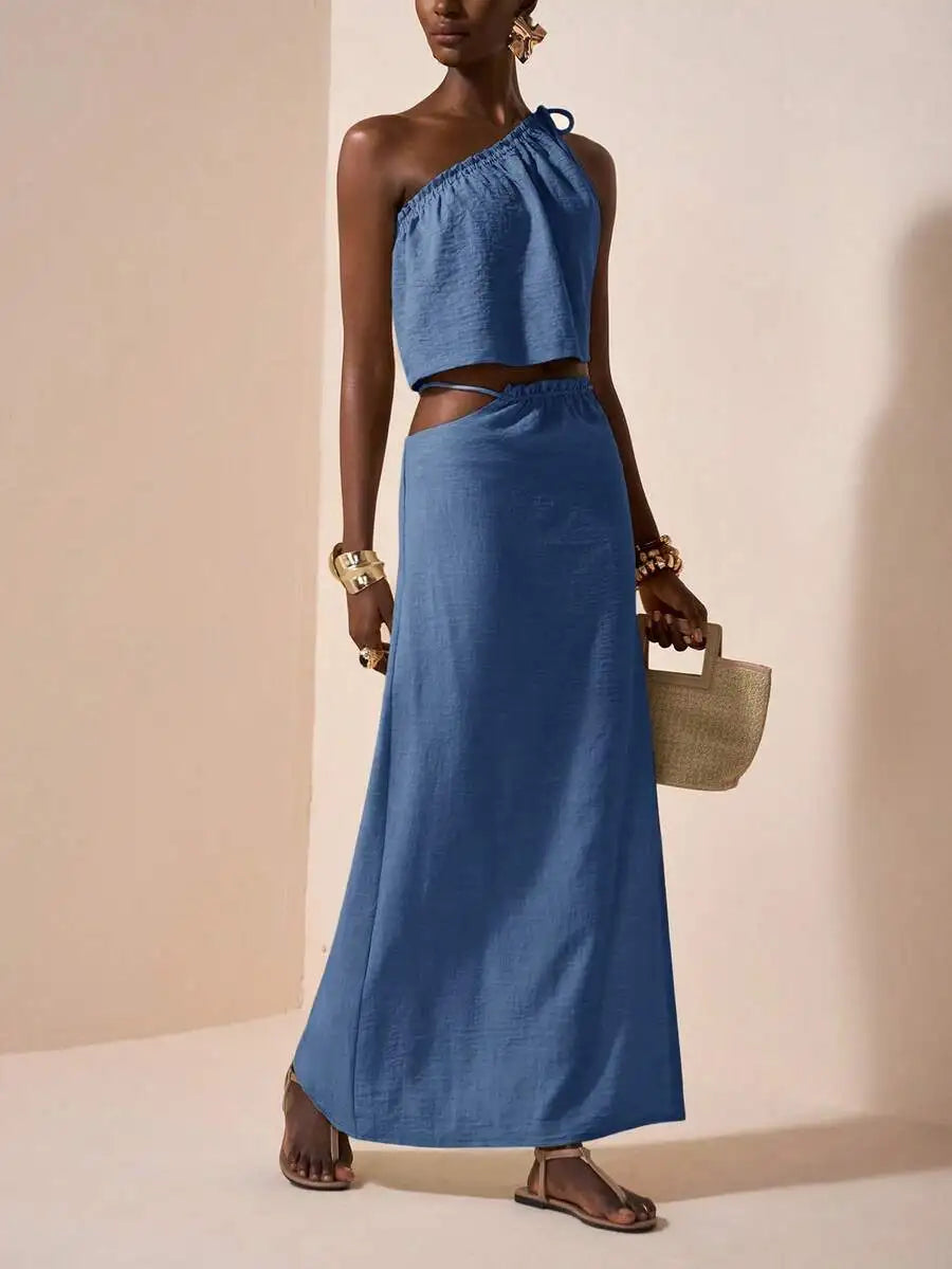 One-Shoulder Linen Two-Piece Set with Asymmetrical Waist, Beige Summer Outfit for Casual & Vacation