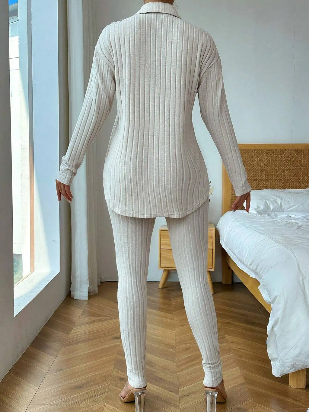 Cream Ribbed Knit Two-Piece Set with Button-Up Shirt and Leggings, Casual Spring Fall Outfit