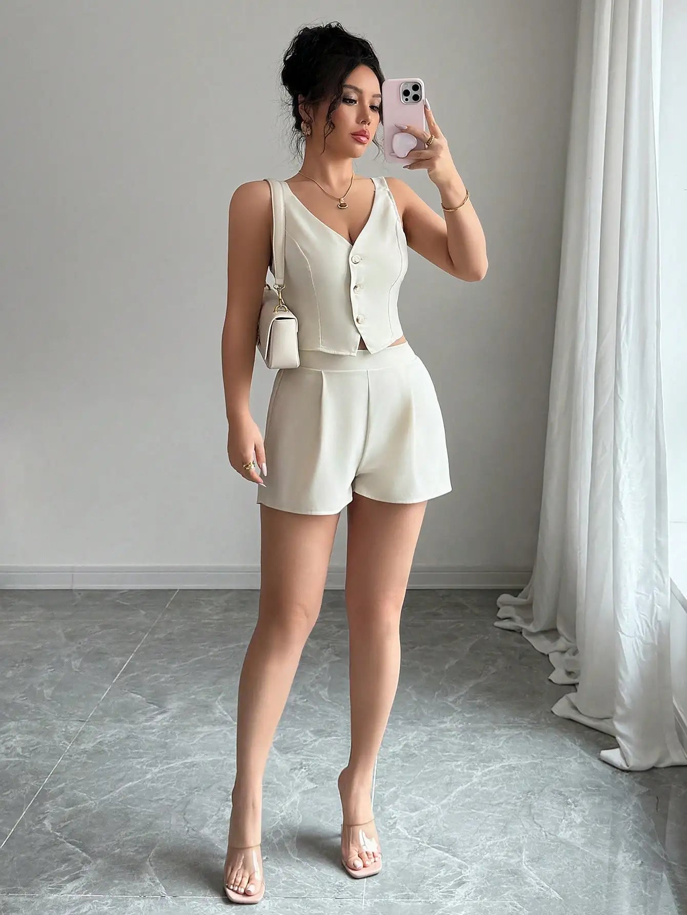 Selianne Apricot Casual & Commute Solid Color Front Button Slit Hem Top + Shorts 2 Pieces Set For Women