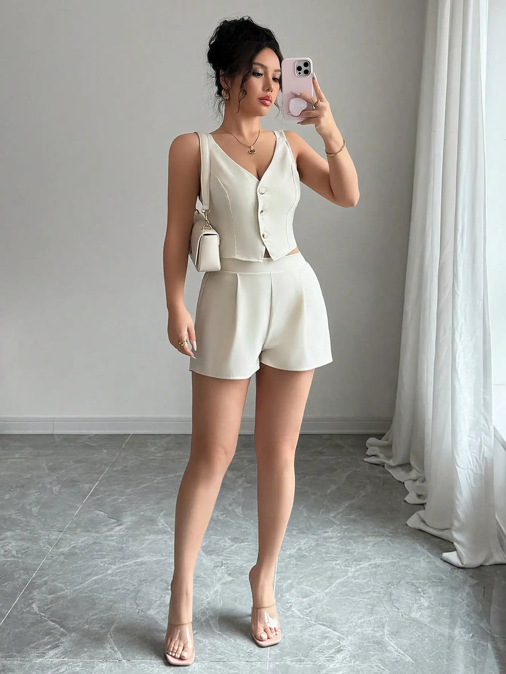 Selianne Apricot Casual & Commute Solid Color Front Button Slit Hem Top + Shorts 2 Pieces Set For Women