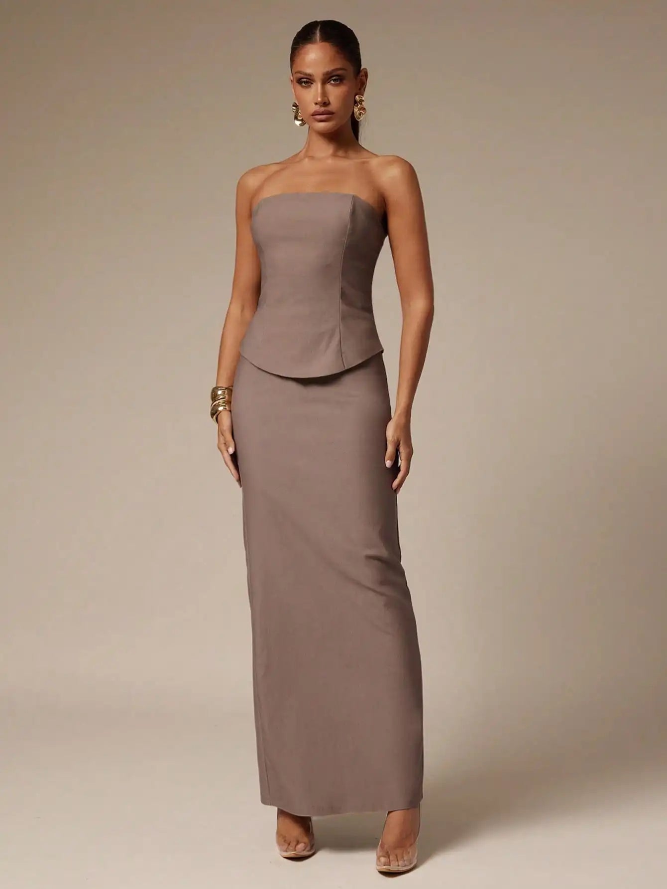 Women's Minimalist Tube Top & Long Skirt 2-Piece Set, Khaki, Elegant Office Wear for Dating or Commuting