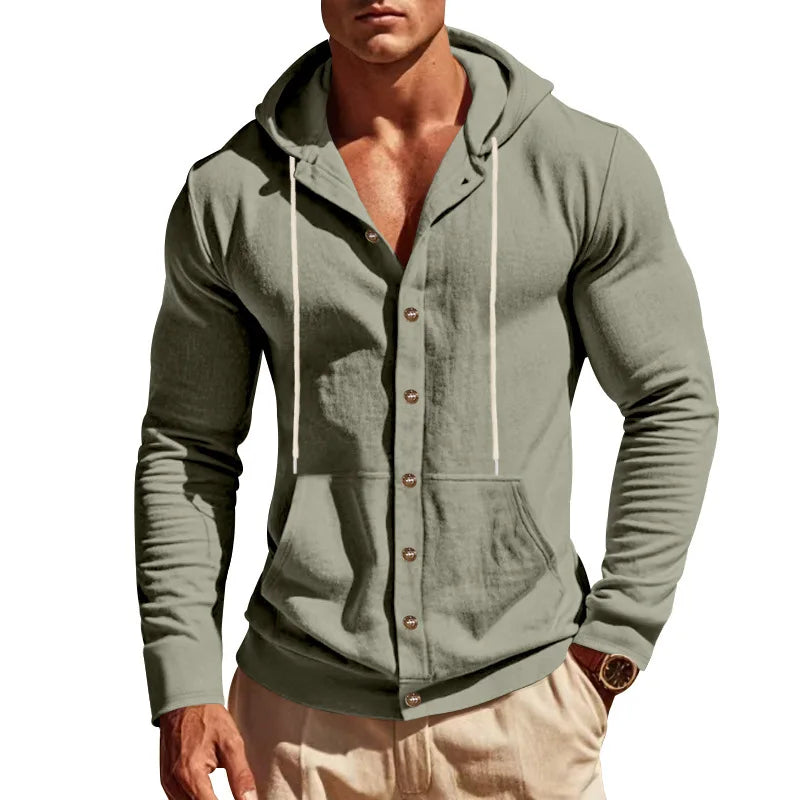 2026 Cross-border spring and autumn new American loose men's shirt loose linen casual simple beach hooded long-sleeved lining