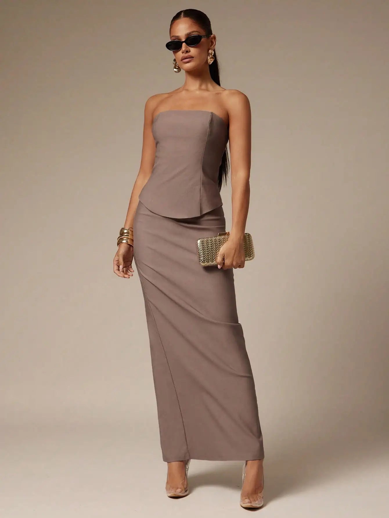 Women's Minimalist Tube Top & Long Skirt 2-Piece Set, Khaki, Elegant Office Wear for Dating or Commuting